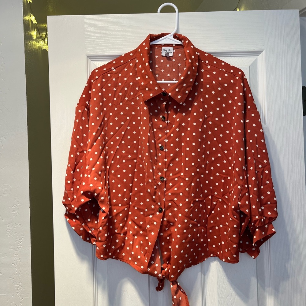 Burnt Orange Brown Polka Dot Button-Up Blouse